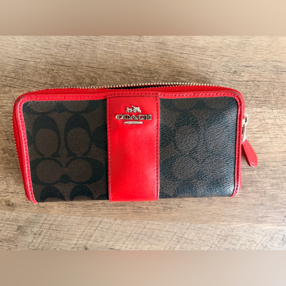 Coach Red and Black Zip-Around Wallet